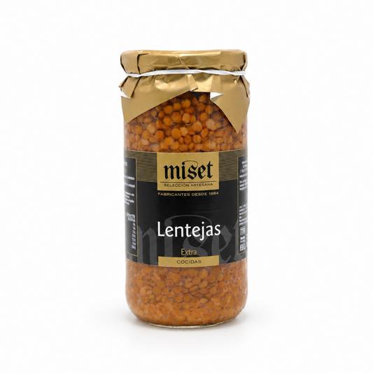 Jar of Miset lentils on a white background