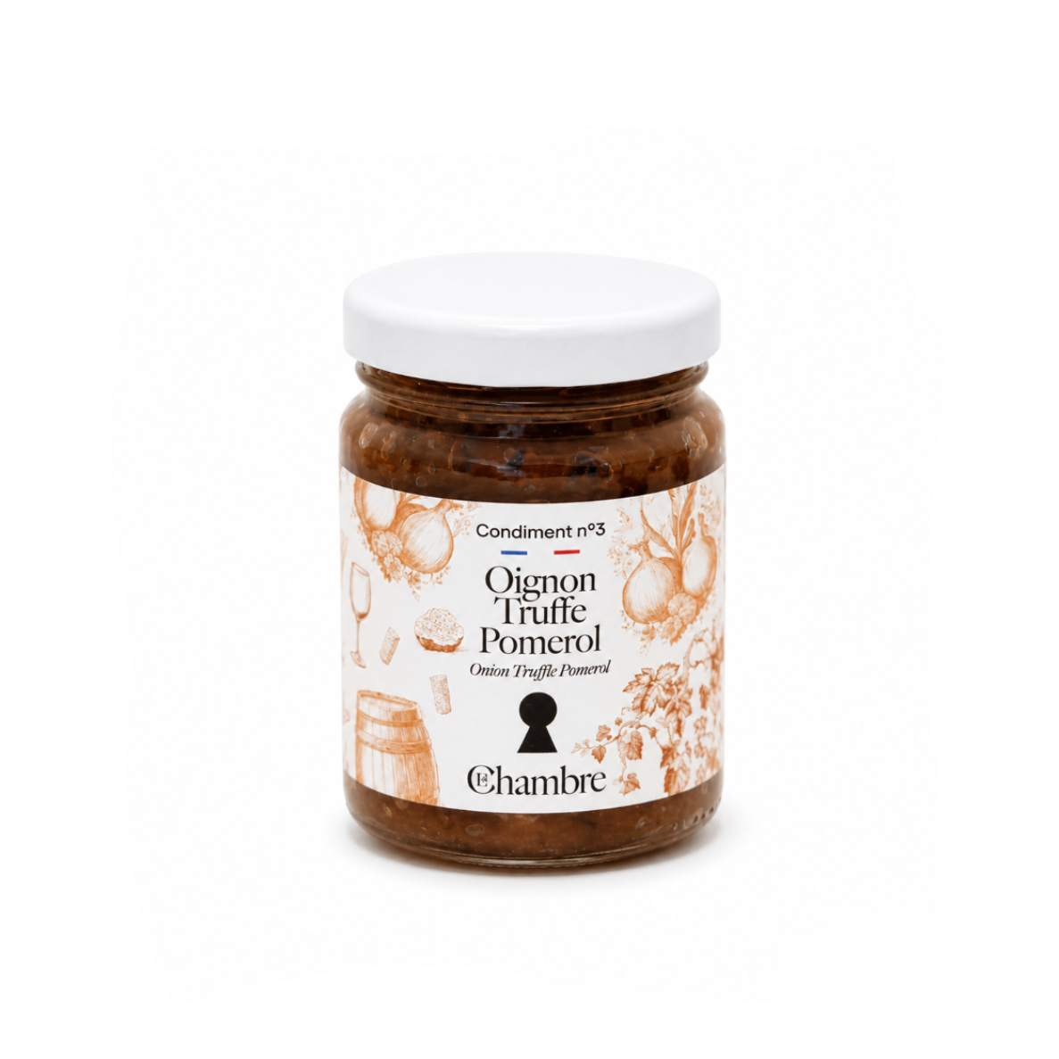 Jar of Oignon Truffe Pomelos with a white label on a white background