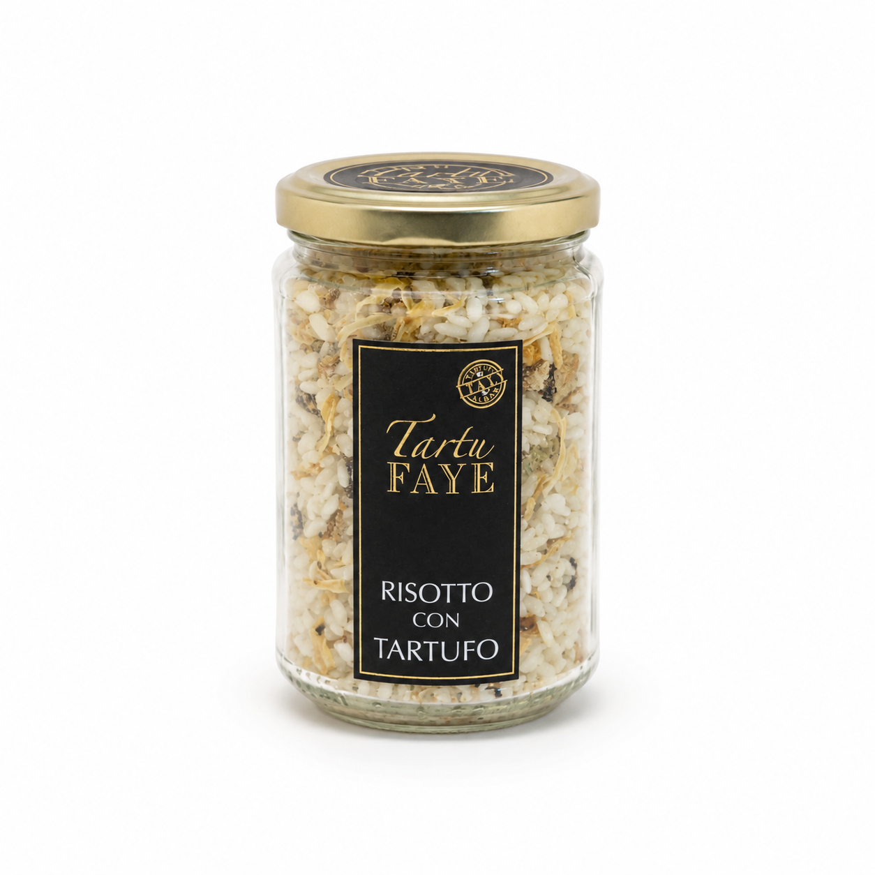 Jar of Tardu Faye risotto with truffle on a white background