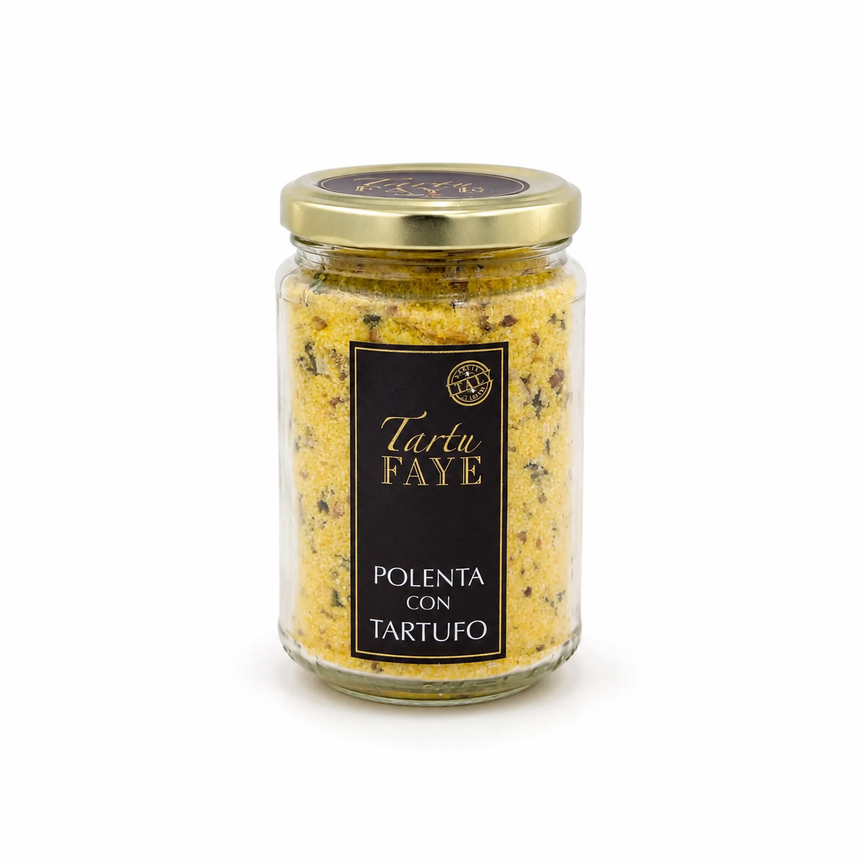 Jar of Tarte Faye Polenta con Tartufo on a white background