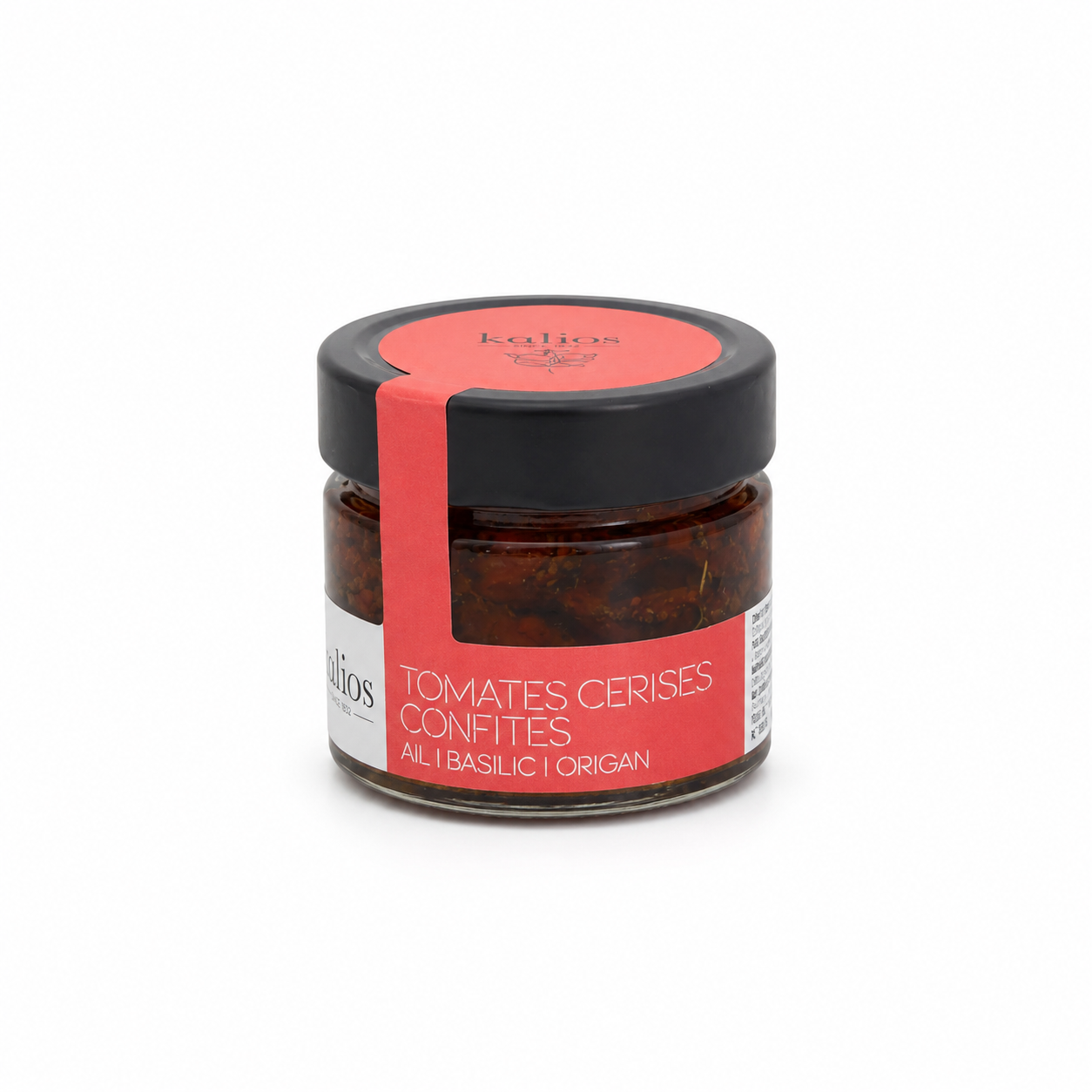Jar of confit tomatoes with a red label on a white background
