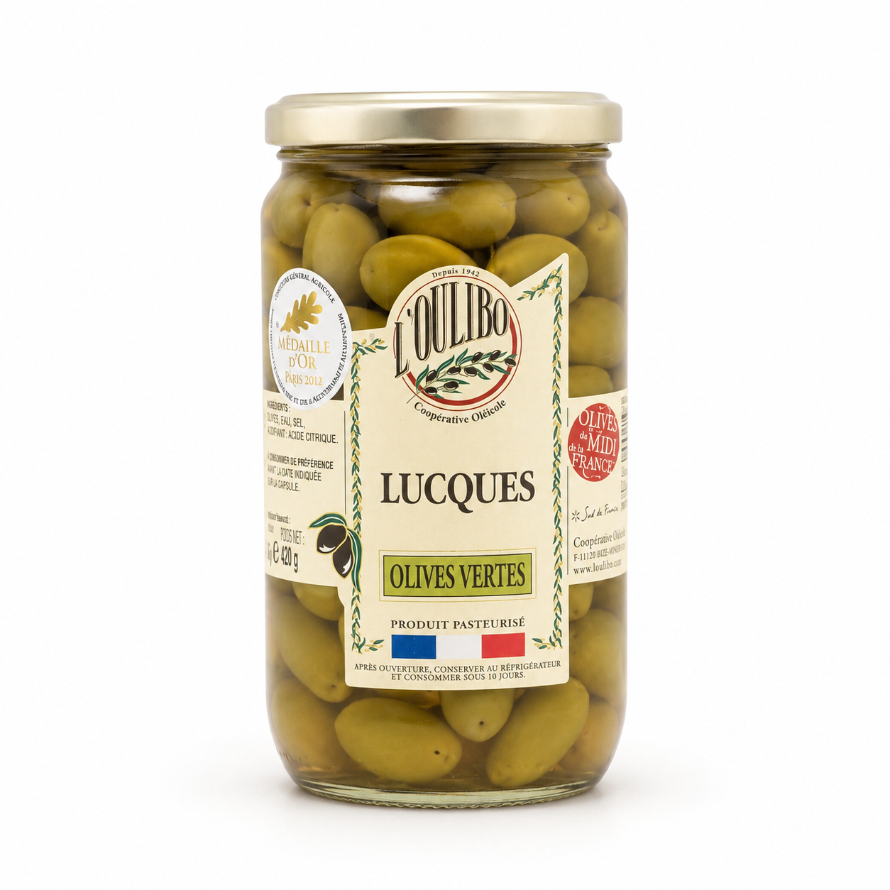Jar of green olives with a Lucibo label on a white background