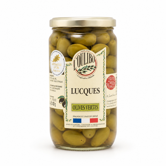 Jar of green olives with a Lucibo label on a white background