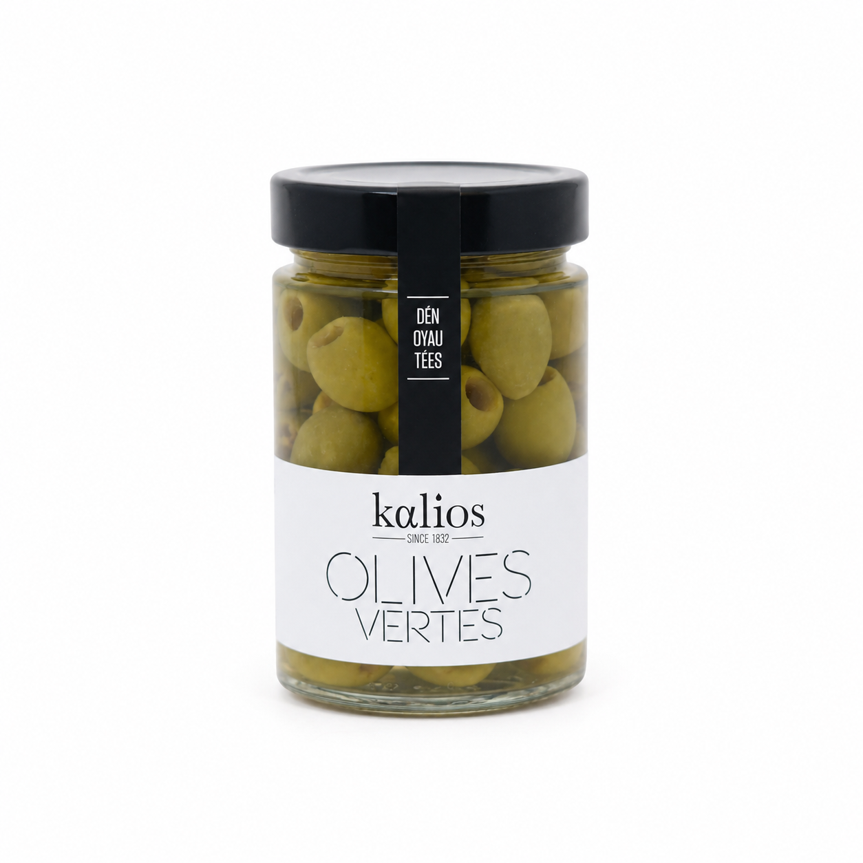 Jar of green olives with a black lid and white label on a white background