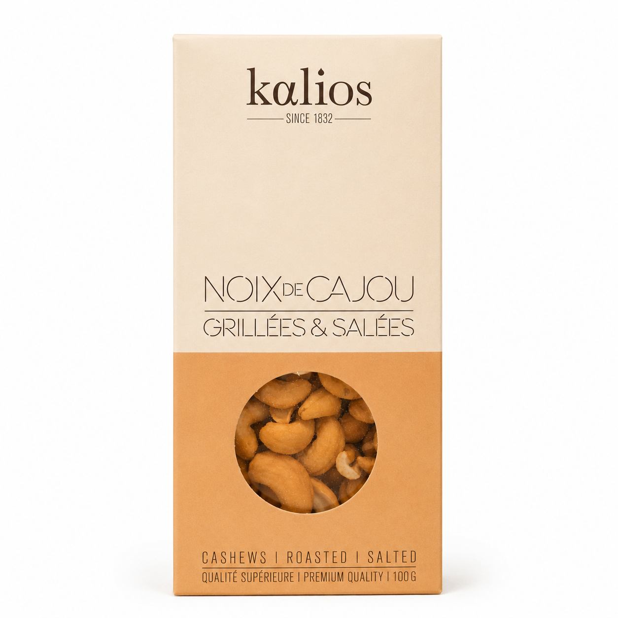 Kalios cashew nut packaging on a white background