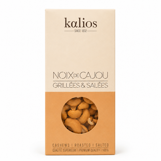 Kalios cashew nut packaging on a white background
