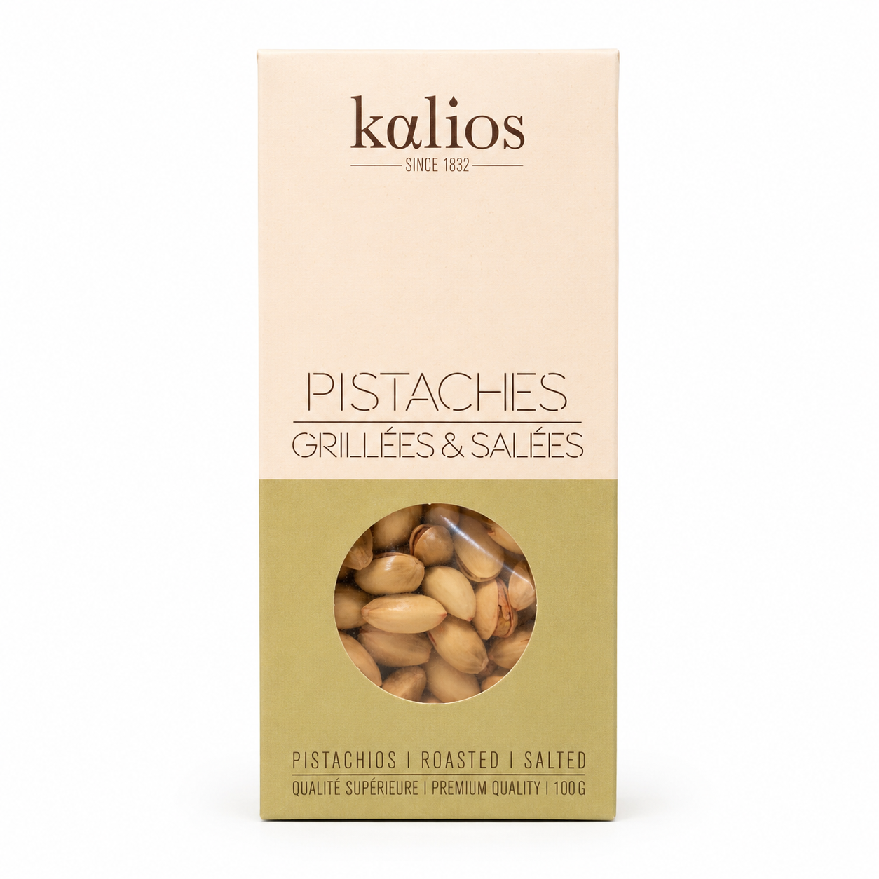 Kaliros pistachios packaging with a clear window showing roasted and salted pistachios.