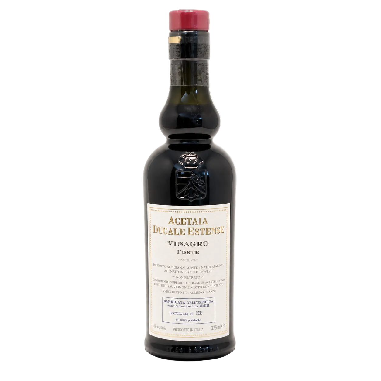 Bottle of Acetaia Ducale Estense vinegar on a white background
