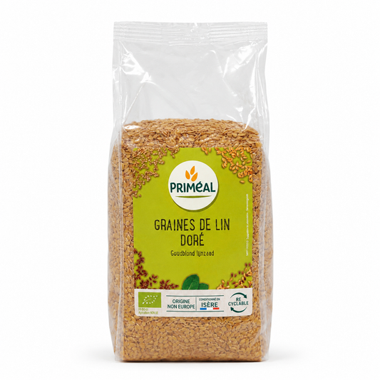 Package of Primeal gold flax seeds on a white background