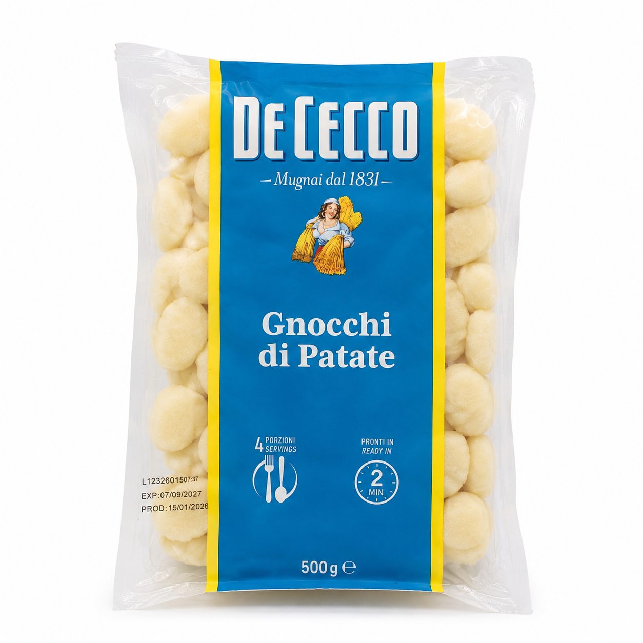 Packaged De Cecco potato gnocchi on a white background