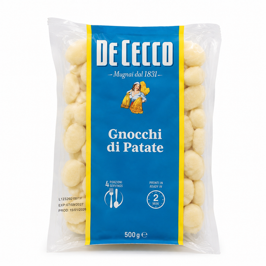 Packaged De Cecco potato gnocchi on a white background