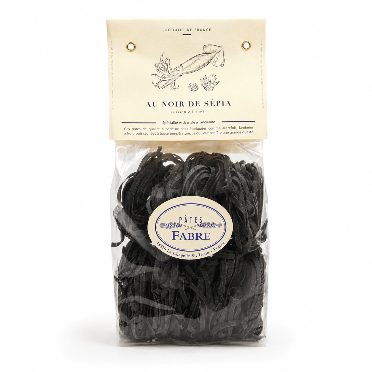 Packaged black pasta with Fabre label on a white background