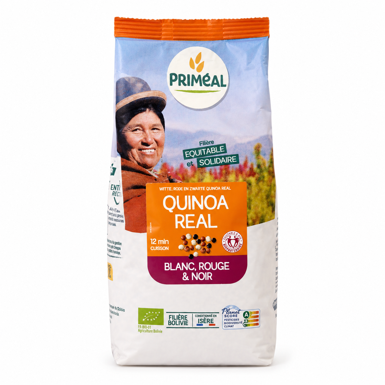 Primeal Quinoa Real package with a person on the label against a white background