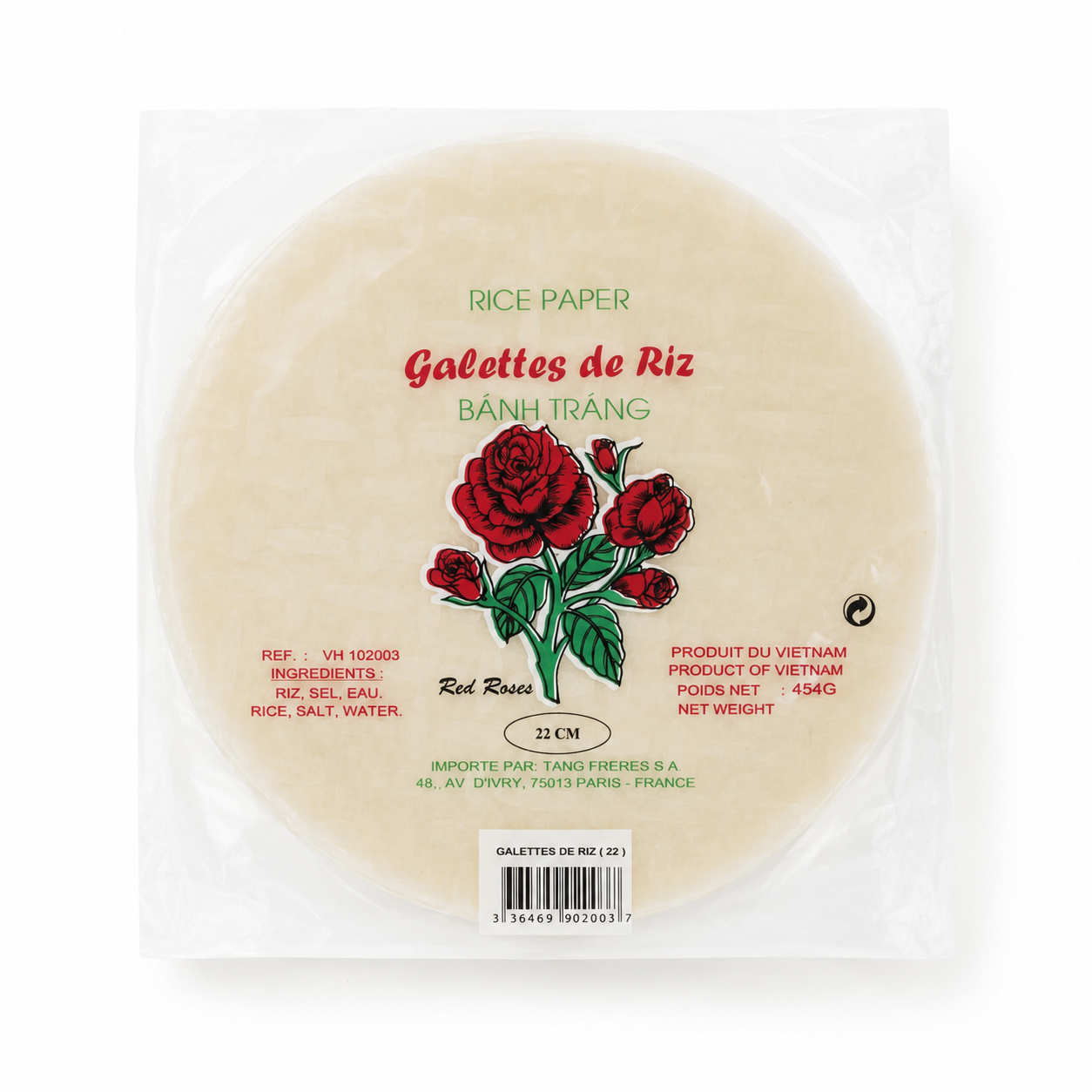 Rice paper sheet with red roses design and branding on a white background