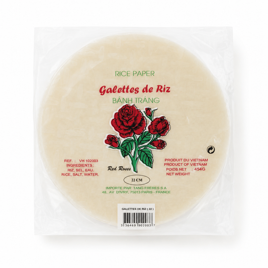 Rice paper sheet with red roses design and branding on a white background
