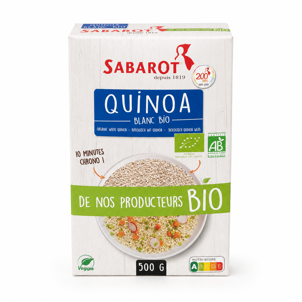 Sabarot organic white quinoa packaging on a white background
