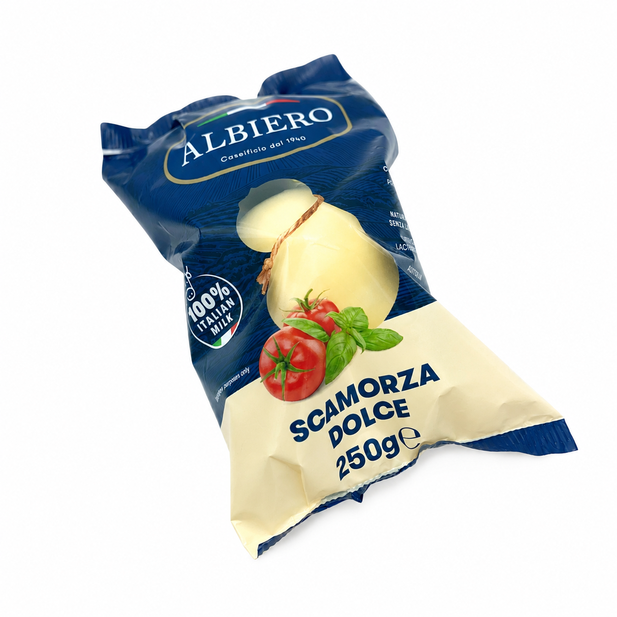 Packaged cheese with 'Albiero' branding on a white background