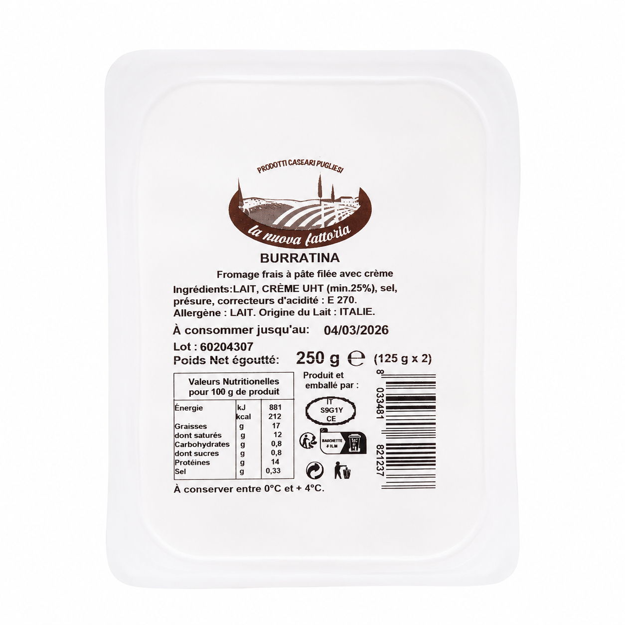 Burratina cheese packaging with label on a white background