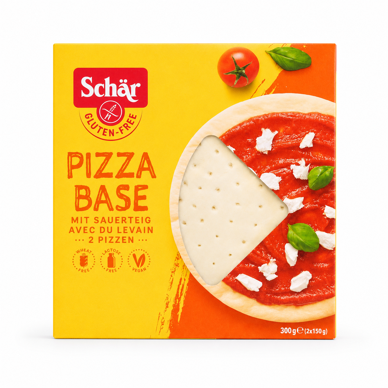 Schar gluten-free pizza base packaging with a slice of pizza on a yellow background